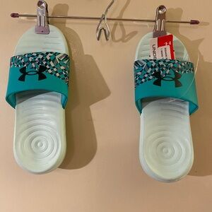 Under Armour Teal & Light Blue Patterned Strap Slide Sandals